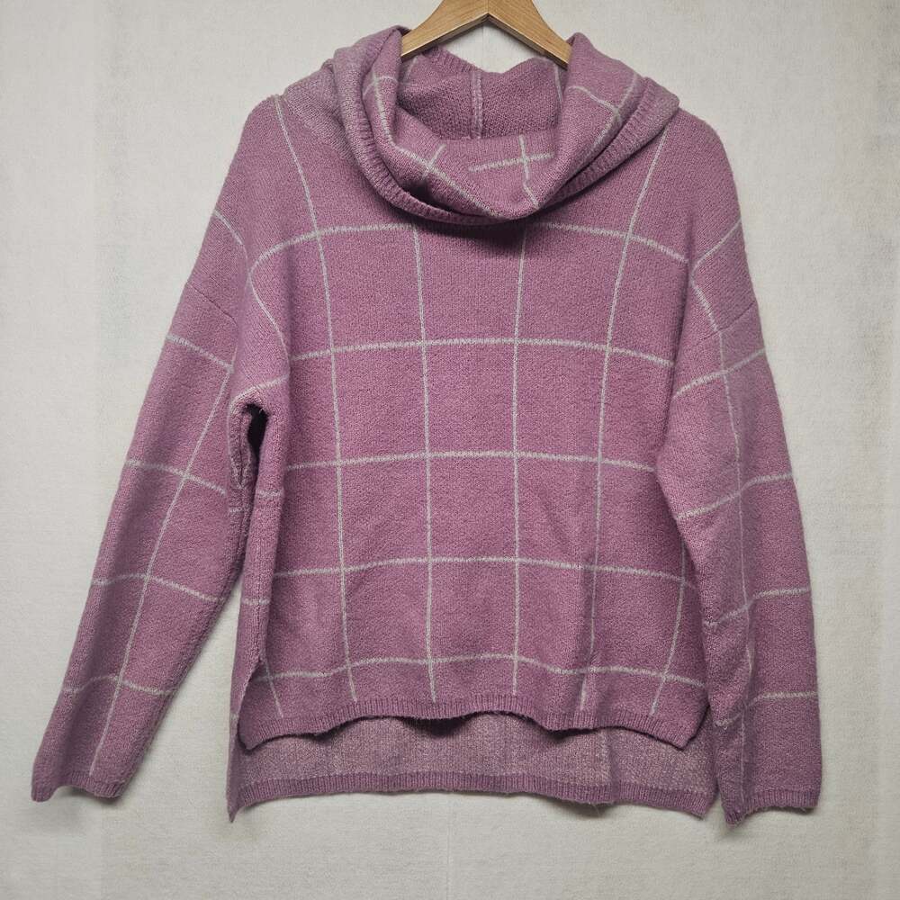 Lumiere Grid Windowpane Cowl Neck Sweater Womens Small Pink White Knit Relaxed